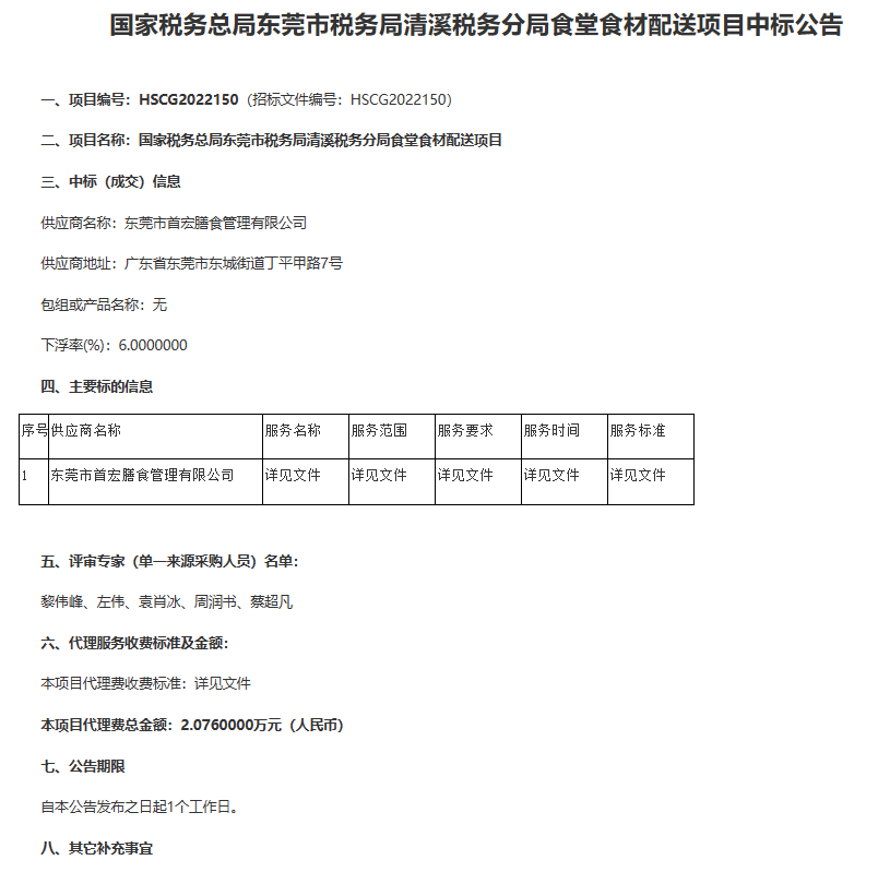 國(guó)家稅務(wù)總局東莞市稅務(wù)局清溪稅務(wù)分局食堂食材配送項(xiàng)目中標(biāo)公告